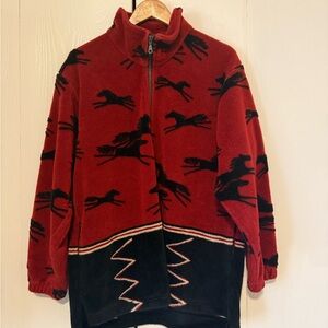 Cozy Red and Black Zip-Up Sweater with Horse Design